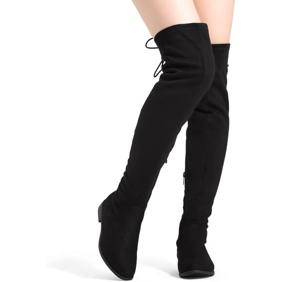 Women's Black Textile Suede Over The Knee Thigh High Winter Riding Boots - Picture 6 of 7